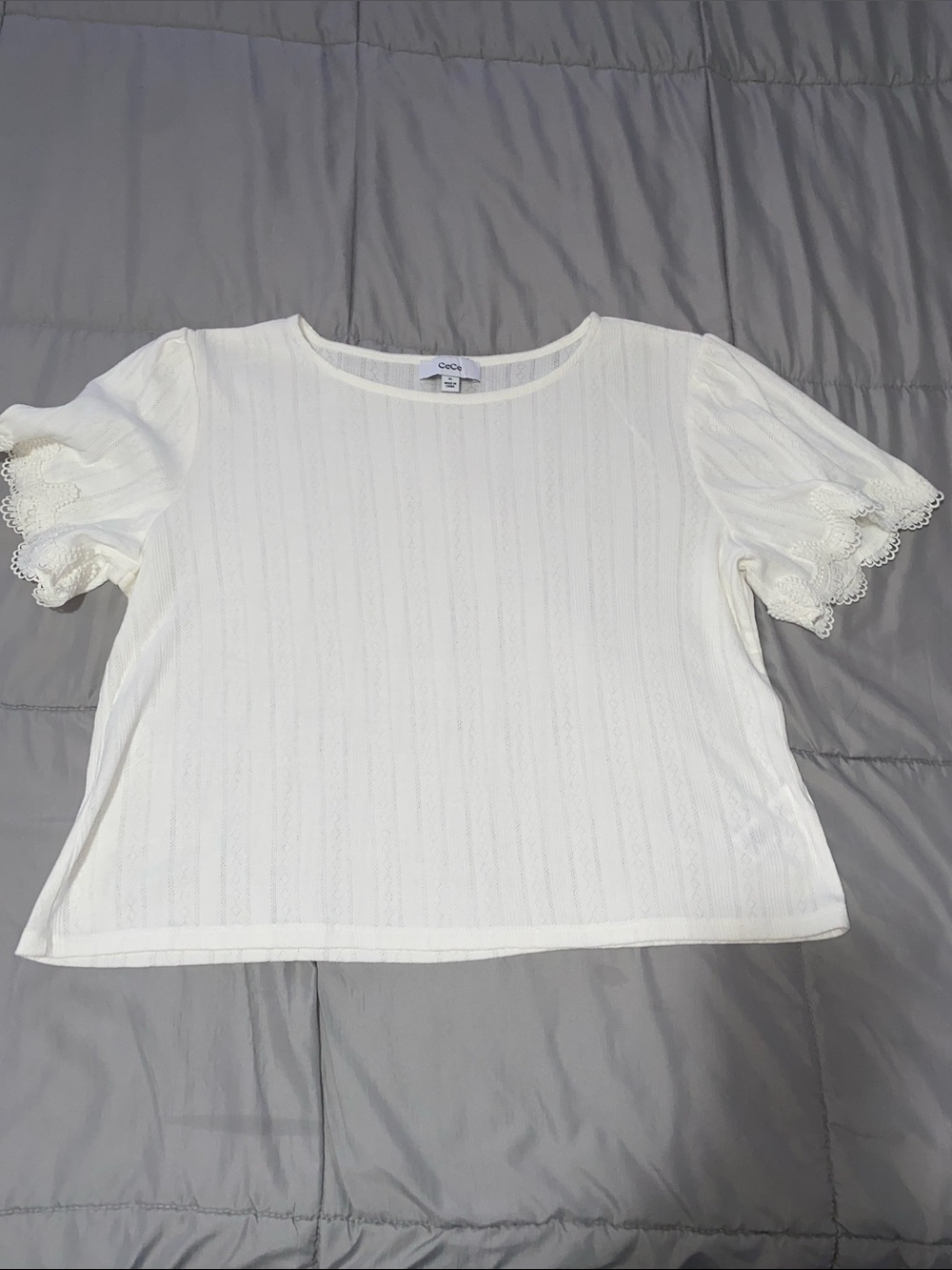 CeCe White Lace-Trim Puff Sleeve Top